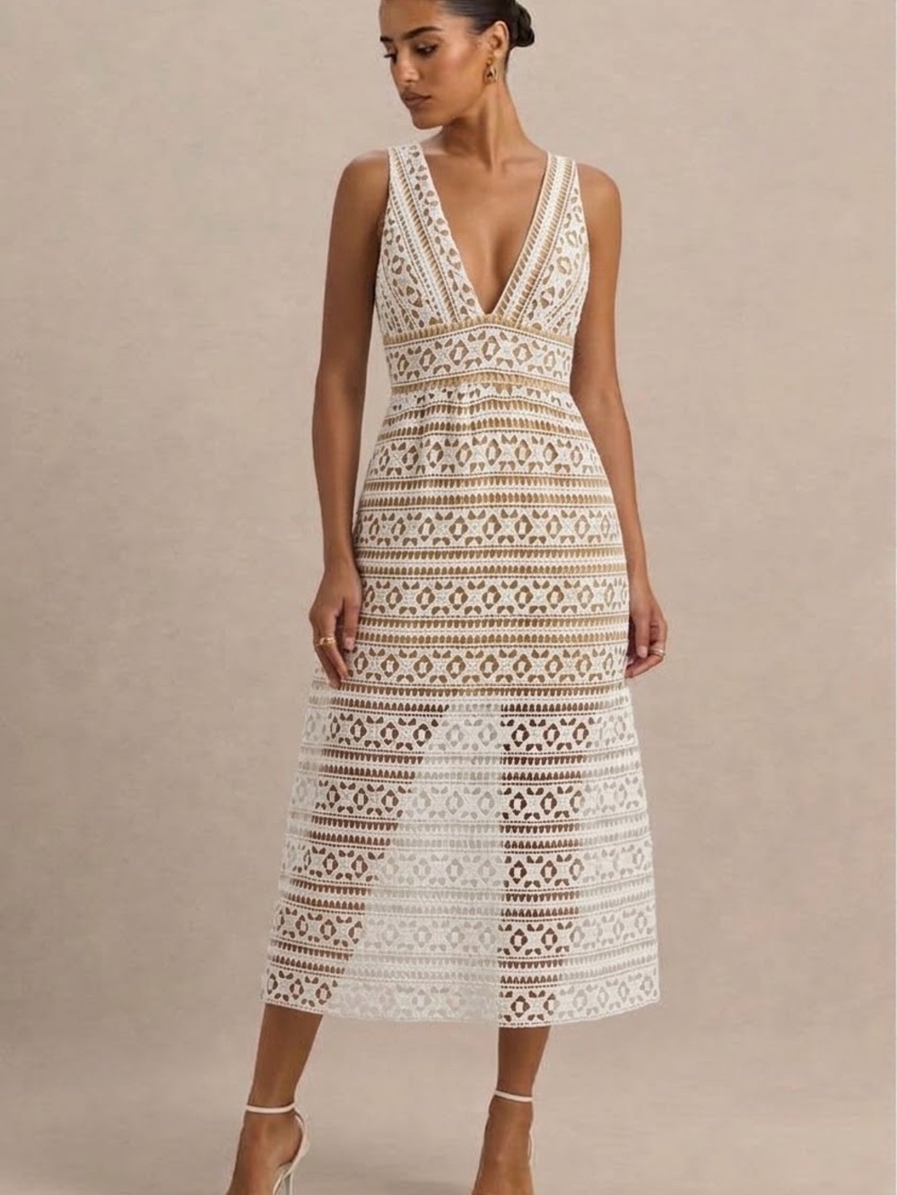 White Crochet Lace Boho Pattern V-neck Dress, Audrey 3+1 Size M
